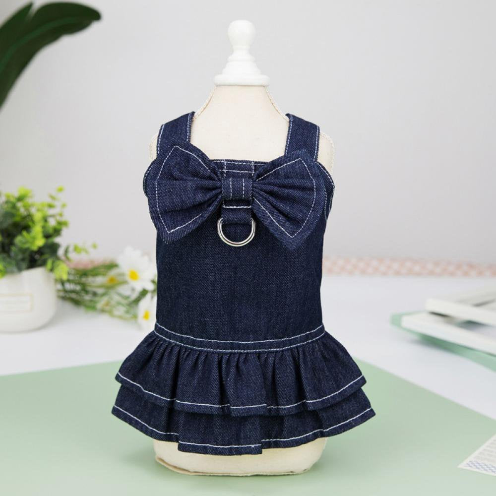 Dog Dress Princess Denim Dresses Big Bow Tie with D Ring for Walking Your Dog,Princess for Small Dog Girl, Fashion Simple Puppy Dresses, Pet Clothes Outfits Cat Apparel Animals & Pet Supplies > Pet Supplies > Dog Supplies > Dog Apparel Eshoo   
