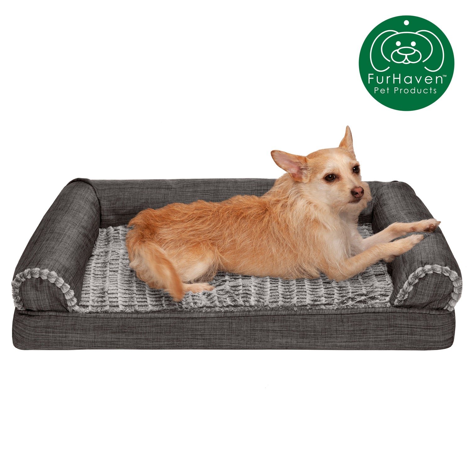 Furhaven Pet Products Cooling Gel Memory Foam Orthopedic Luxe Fur & Performance Linen Sofa-Style Couch Pet Bed for Dogs & Cats, Woodsmoke, Jumbo Animals & Pet Supplies > Pet Supplies > Cat Supplies > Cat Beds FurHaven Pet Orthopedic Foam M Charcoal