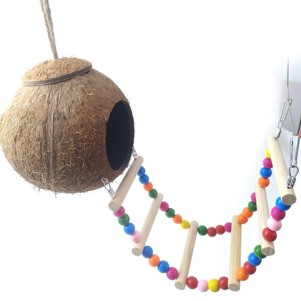Coconut Bird Nest Hut with Ladder for Parrots Parakeets Conures Cockatiels Small Animals House Pet Cage Habitats Decor Animals & Pet Supplies > Pet Supplies > Small Animal Supplies > Small Animal Habitats & Cages Bydezcon   