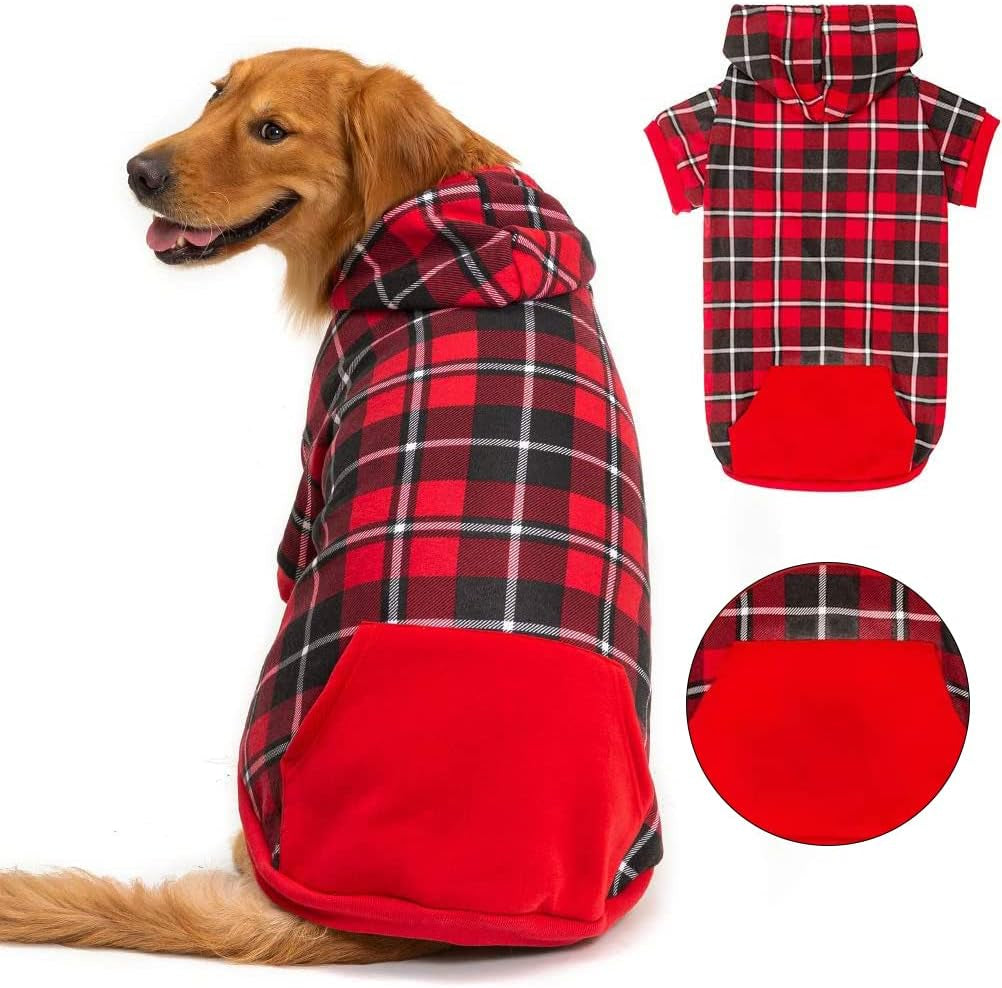 BINGPET Dog Plaid Hoodie - Pocket Design - Dog Fleece Sweater with Hat Pet Winter Clothes Plaid Dog Sweatershirts for Winter Animals & Pet Supplies > Pet Supplies > Dog Supplies > Dog Apparel BBPET Red X-Large 