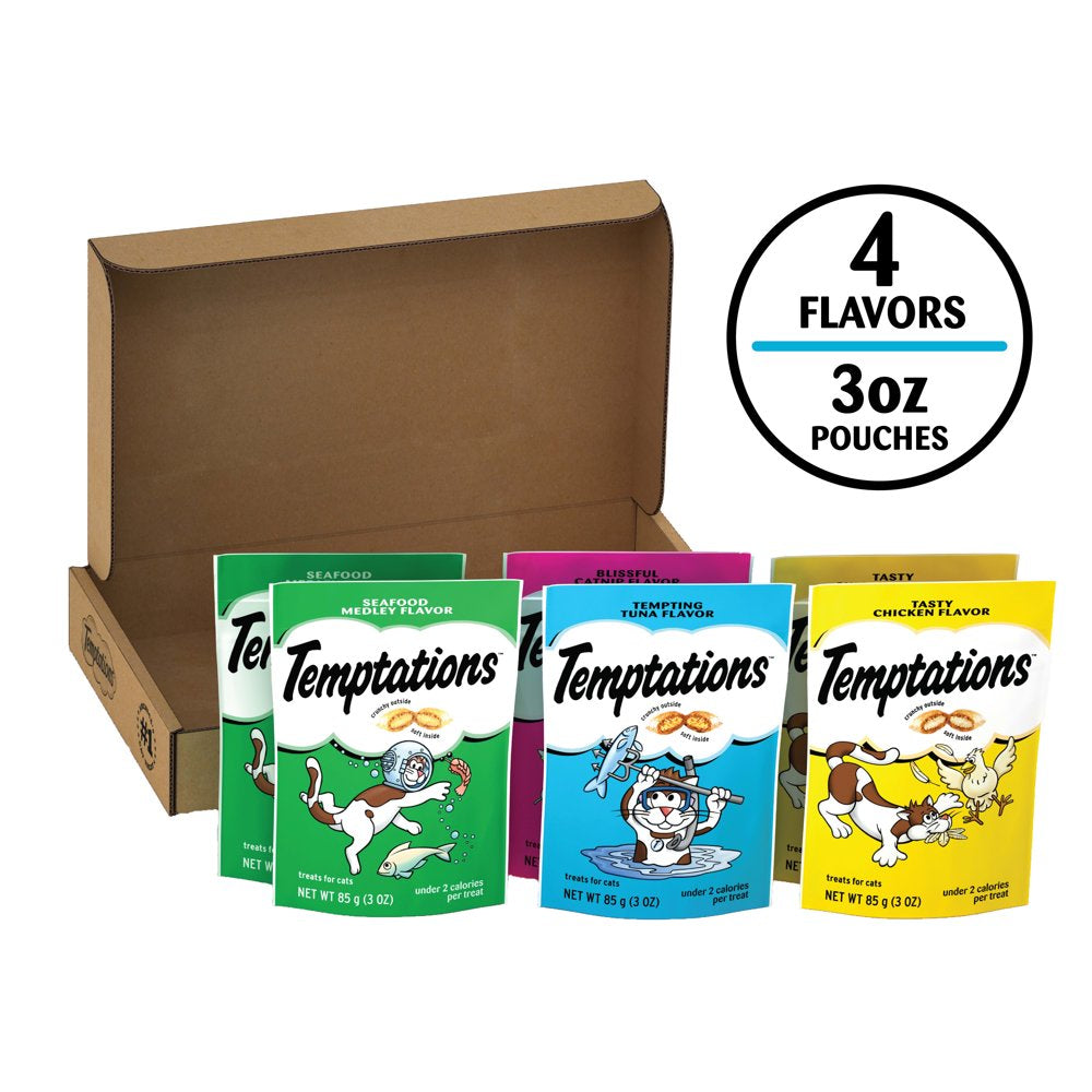 TEMPTATIONS Classic, Crunchy and Soft Cat Treats Feline Favorites Variety Pack, Seafood Medley Flavor, Tasty Chicken Flavor, Blissful Catnip Flavor, and Tempting Tuna Flavor, (6) 3 Oz. Pouches Animals & Pet Supplies > Pet Supplies > Cat Supplies > Cat Treats Mars Petcare   