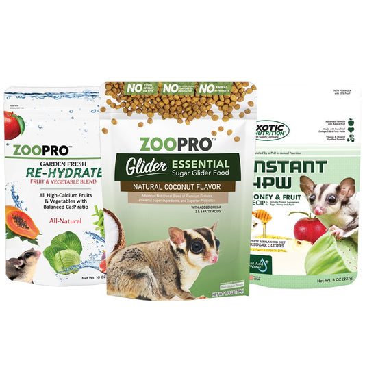 Exotic Nutrition Glider Essential Deluxe Food Starter Package - Zoopro Glider Essential, Zoopro Garden Fresh Re-Hydrate, Instant-Hpw Insect & Fruit Recipe Animals & Pet Supplies > Pet Supplies > Small Animal Supplies > Small Animal Food Exotic Nutrition   
