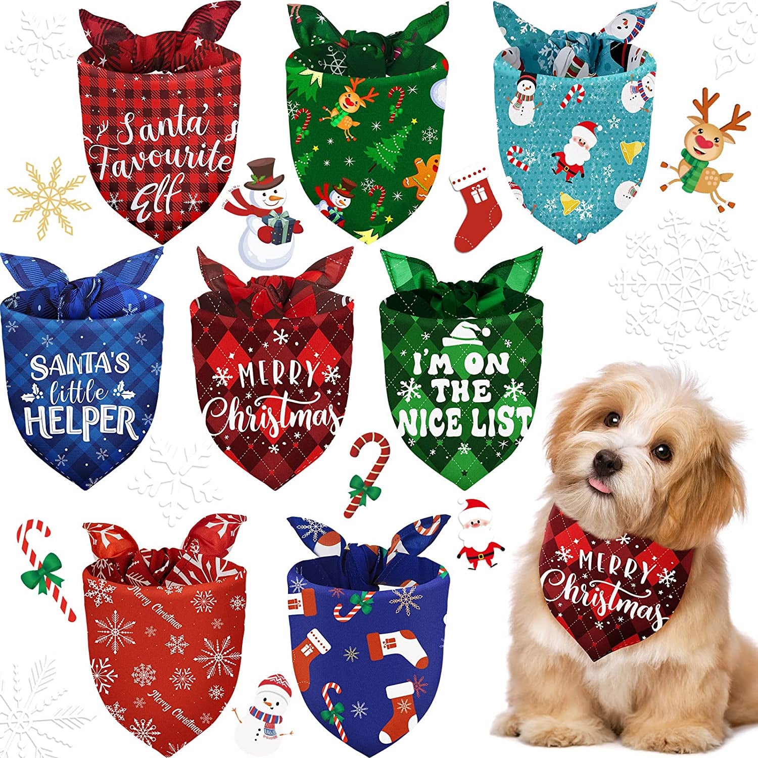 8 Pieces Christmas Dog Bandanas Classic Buffalo Plaid Dog Scarf Xmas Pet Bandanas Snowman Snowflake Pet Triangle Bib for Christmas Holiday Pets Cats Accessories Costume Supply (Cute Pattern,Medium) Animals & Pet Supplies > Pet Supplies > Dog Supplies > Dog Apparel Frienda Cute Pattern Small 