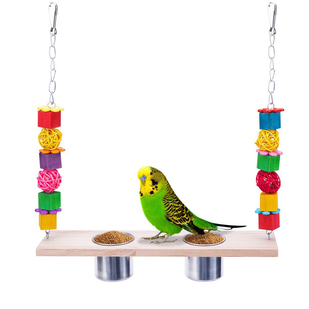 Meidiya Hanging Bird Swing Toy with 2 Stainless Steel Cups,Bird Perch Stand with Feeding Dish Cups and Chewing Blocks Parrot Cage Accessories for Parakeet Cockatiels Birds Animals & Pet Supplies > Pet Supplies > Bird Supplies > Bird Cage Accessories Meidiya   