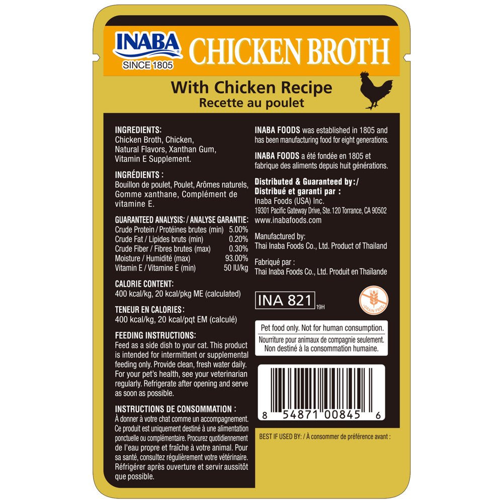 INABA Chicken Broth Complement/Topper/Treat for Cats, Eight 1.76 Oz Pouches, Chicken Animals & Pet Supplies > Pet Supplies > Cat Supplies > Cat Treats INABA Foods (USA) Inc   