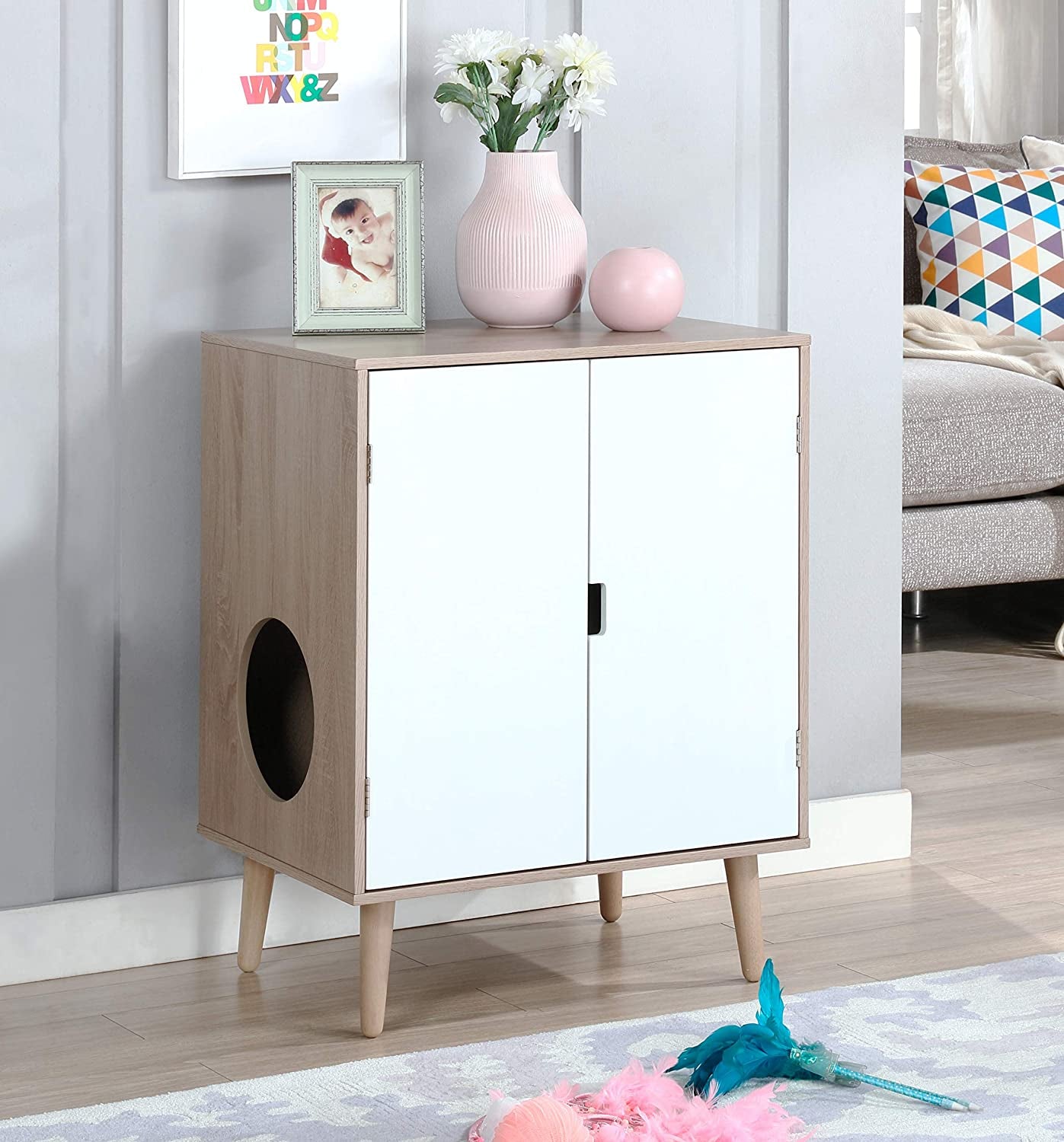 Penn-Plax Cat Walk Furniture: Contemporary Home Cat Litter Hide-Away Cabinet – Grey Wood Grain with White Doors