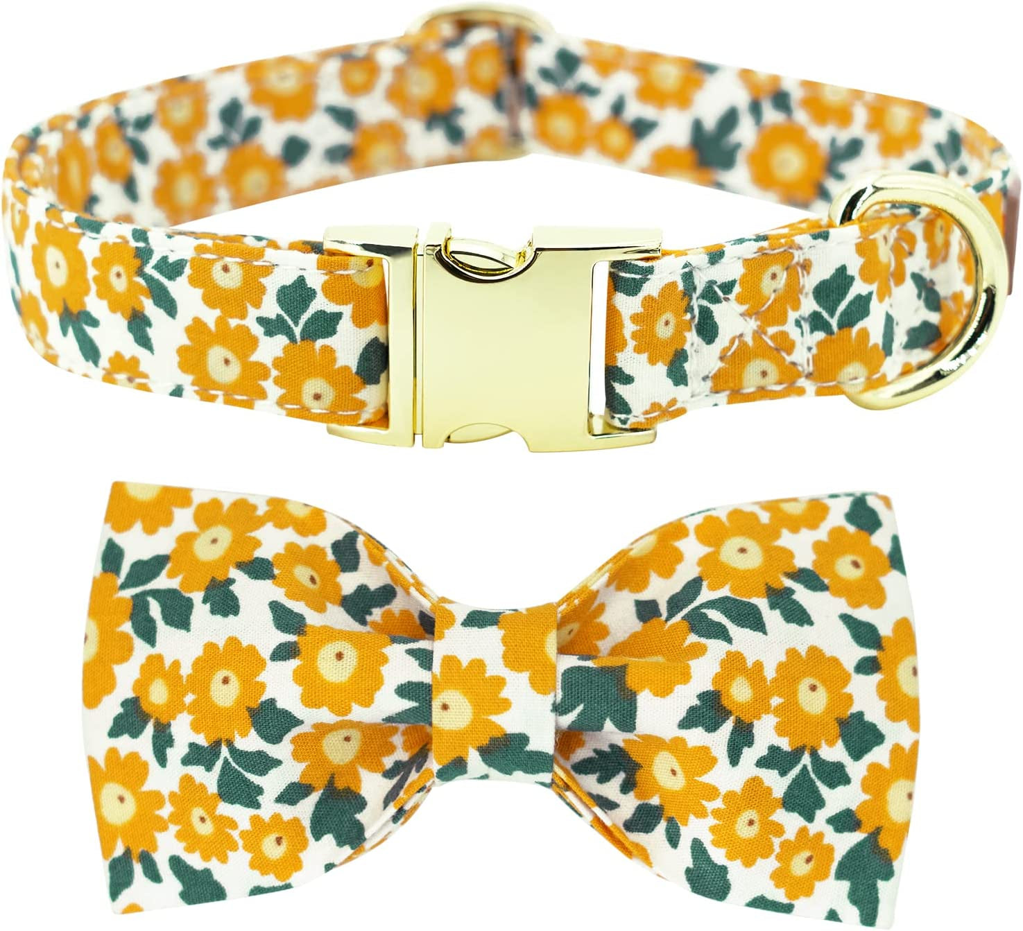 Dog Collar Floral with Elegant Bow Tie Soft Comfy Cotton Adjustable Collar, Premium Metal Buckle for Puppy and Cat Small Medium Large（Daisy Flowers，M） Animals & Pet Supplies > Pet Supplies > Dog Supplies > Dog Apparel Tunkoo Yellow Flowers Collar Small 