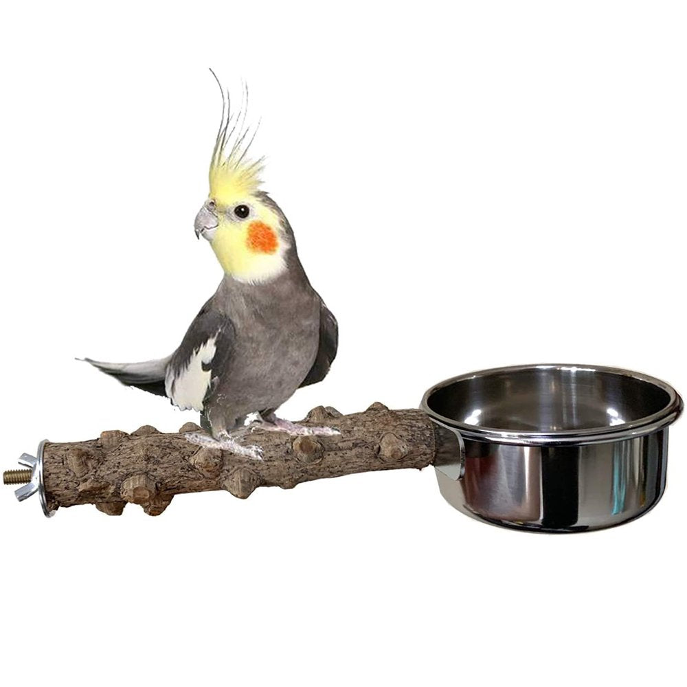 AOOOWER Parrot Bird Cage Perch Natural Wooden Stand Stick with Stainless Steel Food Dishes Bowl Feeder Cup for Parakeet