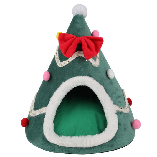 Lucky Monet Pet Cat Cave Bed Kitty Tent House Nest for Small Dog Christmas Tree Shape, Green