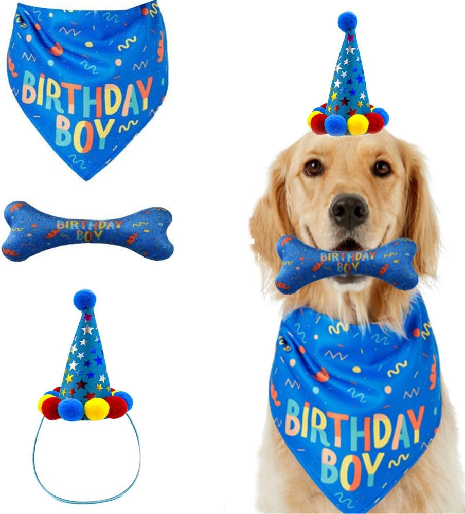 IDOLPET Dog Birthday Boy Bandana Hat Toy Set Pet Happy Birthday Party Supplies Triangle Bibs with Cute Bone Dog Birthday Scarf Accessories and Decoration for Doggy Large Dog – Blue… Animals & Pet Supplies > Pet Supplies > Dog Supplies > Dog Apparel COSBODA Blue  