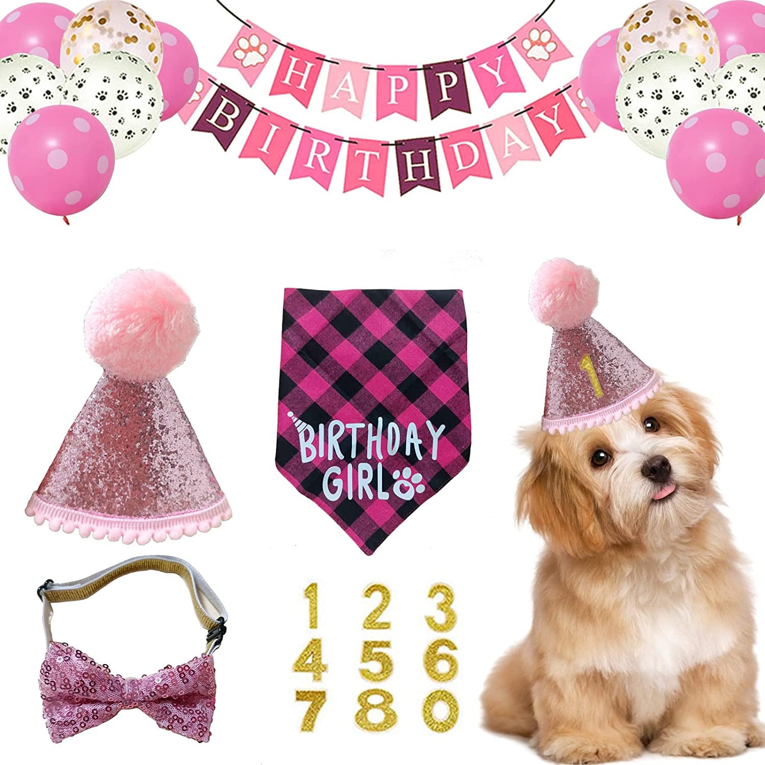 Dog Birthday Party Supplies, Dog Birthday Party Decoration Set, Dog Cute Hat Triangle Scarf Bow Dog Head Banner and Cute Balloon, Used for Dog Birthday Party Decoration (Blue) Animals & Pet Supplies > Pet Supplies > Dog Supplies > Dog Apparel DYGYZH Pink  