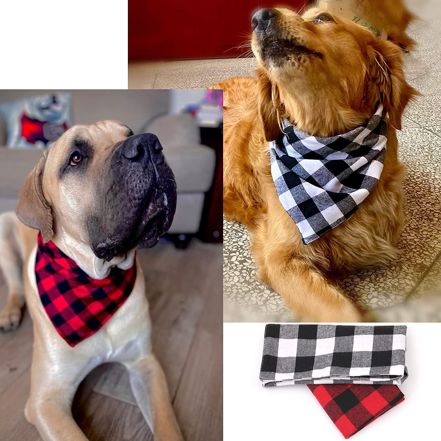 2 Pack Dog Bandana Christmas Pet Triangle Classic Plaid Scarves Thanksgiving Dog Scarfs for Small Medium Large Dogs Adjustable Dogs Bibs Scarfs for Girl and Boy(Large, Black Grid and Red Grid)
