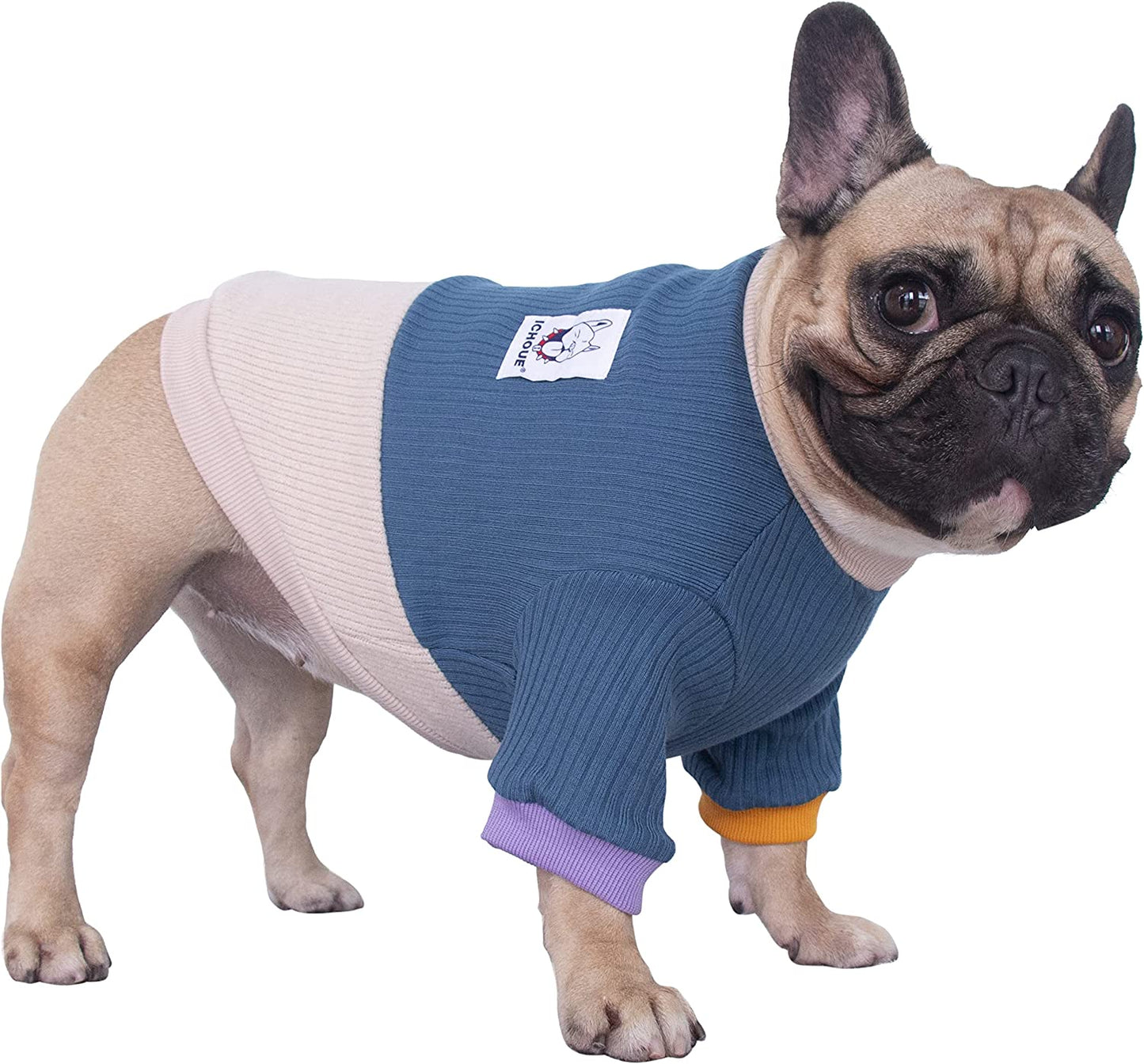 Ichoue Pet Dog Crewneck Sweater Color Block Pullover Winter Warm Clothes for French Bulldog Frenchie Shiba Inu - Pink and Grey/Medium Animals & Pet Supplies > Pet Supplies > Dog Supplies > Dog Apparel iChoue Lake Blue and Yellow Large (Pack of 1) 