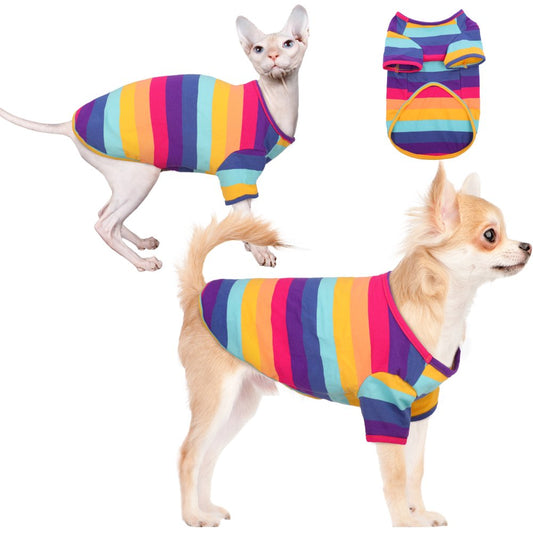 BRKURLEG Dog Striped T-Shirt, Breathable Colorful Cotton Pet Sweatshirt with Stripes for Puppies Cats Small Medium Large Dogs, Cat Dog Pajamas, Pet Apparel Animals & Pet Supplies > Pet Supplies > Dog Supplies > Dog Apparel BRKURLEG L  