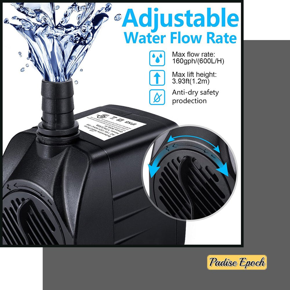 Fountain Pump, 160GPH(10W 600L/H) Submersible Water Pump, Durable Outdoor Fountain Water Pump with 4.9Ft Tubing (ID X 1/3-Inch), 3 Nozzles for Aquarium, Pond, Fish Tank, Water Fountain Pump Animals & Pet Supplies > Pet Supplies > Fish Supplies > Aquarium & Pond Tubing KOL PET   