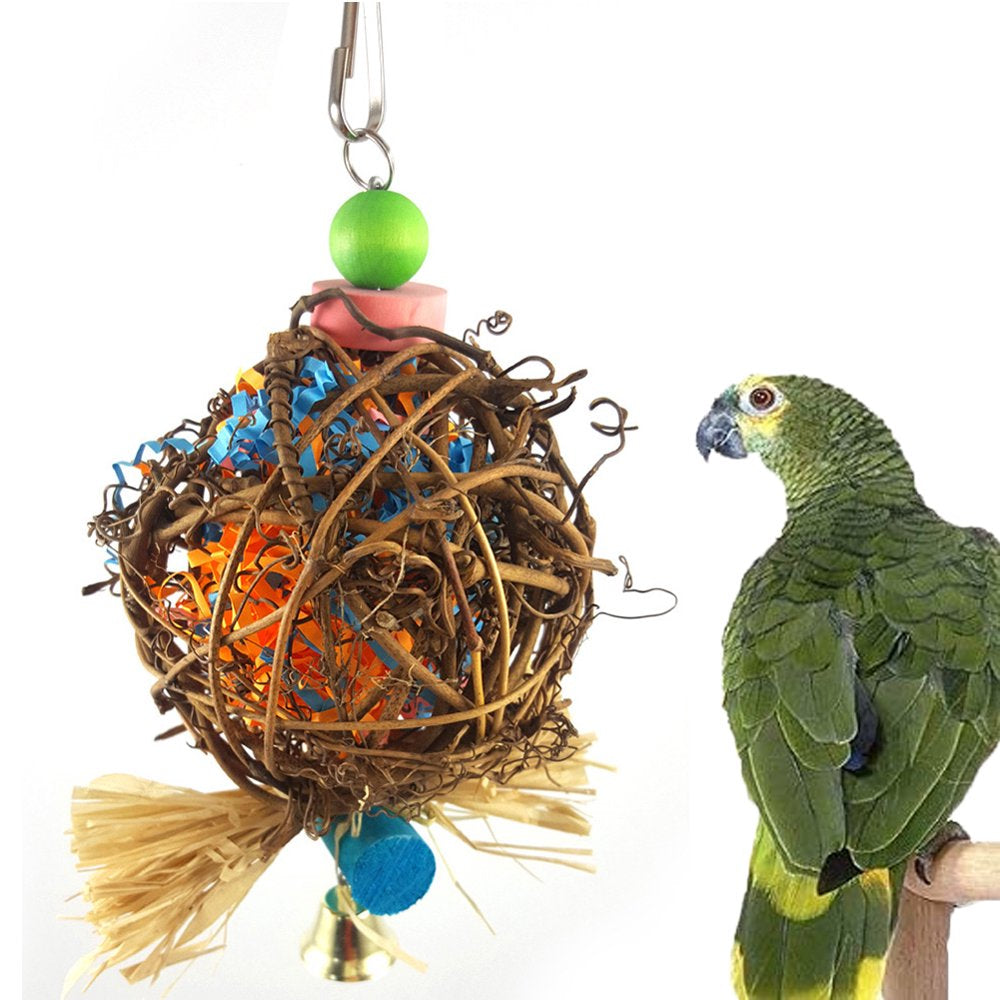 D-GROEE Bird Chewing Toys Rattan Ball with Shredder Toy Parrot Cage Shredder Toy Foraging Hanging Toy for Budgie Parakeet Bird
