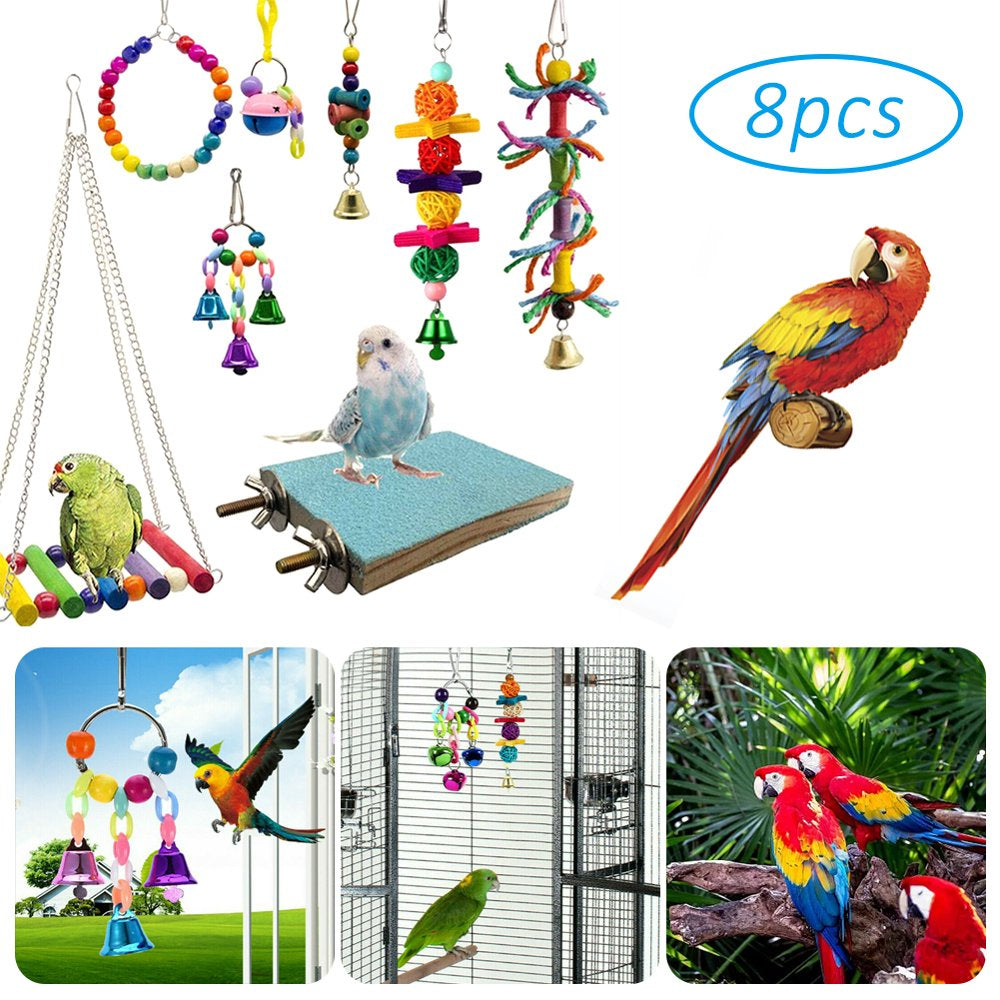 SYWAN 8Pcs Bird Parrot Toys,Hanging Bell Pet Bird Cage Hammock Swing Climbing Ladders Toy Wooden Perch Mirror Chewing Toy for Conures, Love Birds,Small Parakeets Cockatiels,Macaws Animals & Pet Supplies > Pet Supplies > Bird Supplies > Bird Ladders & Perches SYWAN   