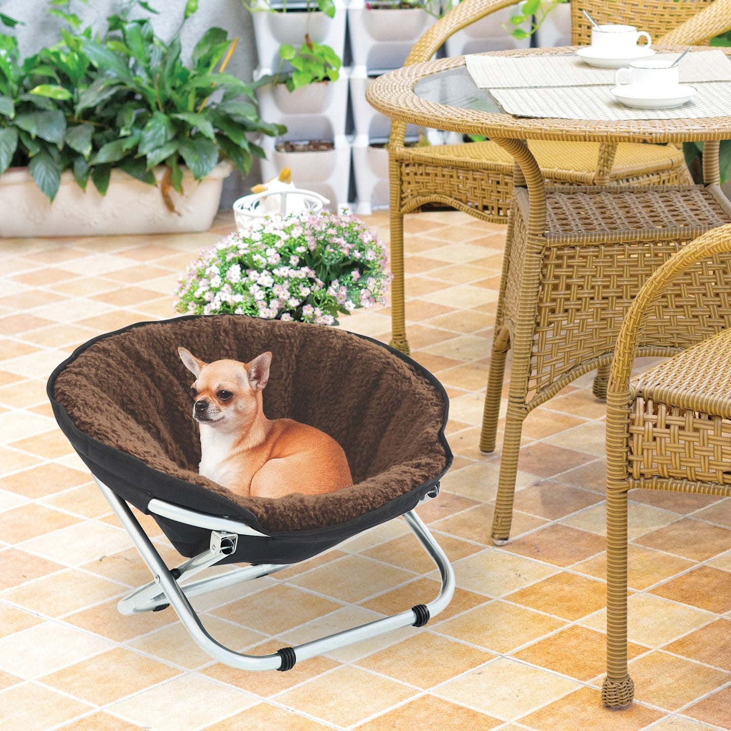 Folding Pet Cot Chair - Cat Bed, Brown Fleece Top Papasan Chair for Sm