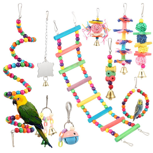 ODOMY 10-Pc Parrot Toys Metal Rope Small Ladder Stand Budgie Cockatiel Cage Bird Toy Set Animals & Pet Supplies > Pet Supplies > Bird Supplies > Bird Toys ODOMY   