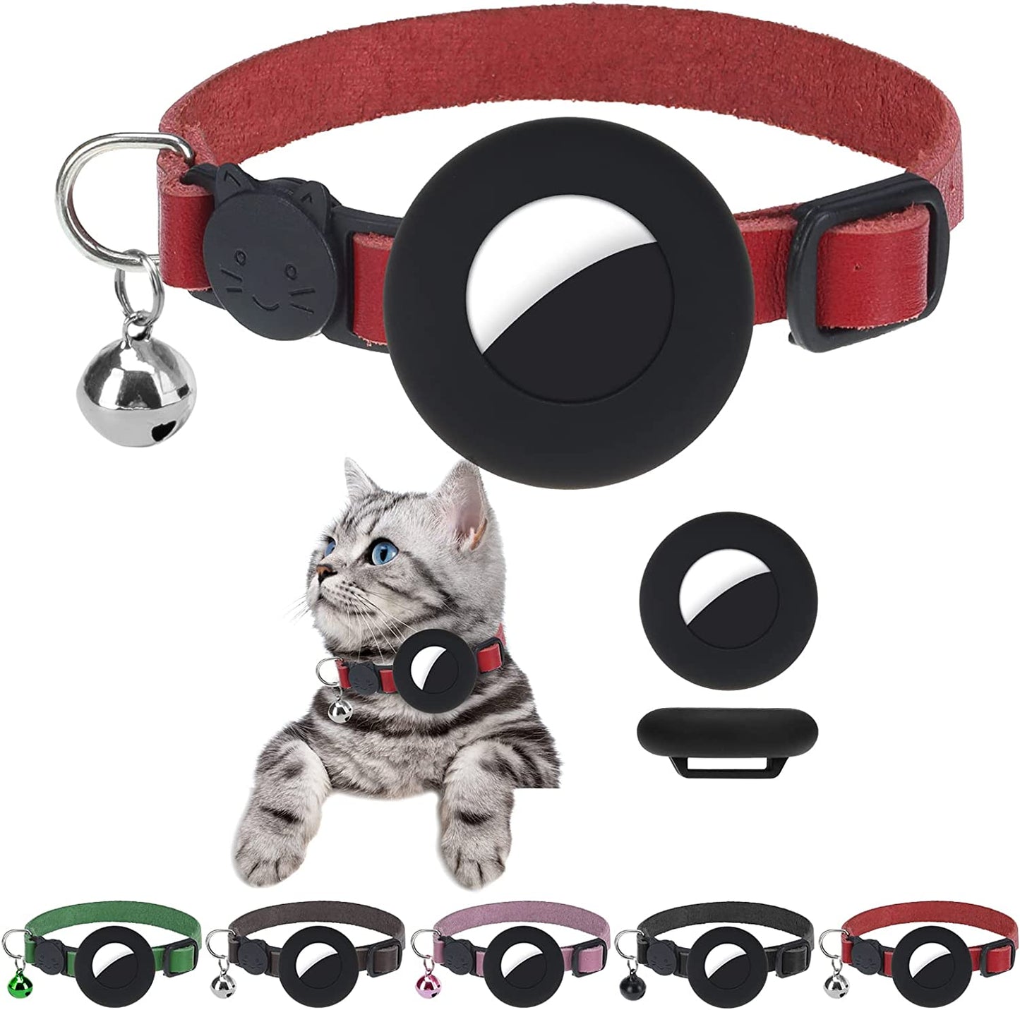 DILLYBUD Airtag Cat Collar Holder 2 Pack Reflective Air Tag Cat Collars Breakaway with Bell, Silicone Waterproof Airtag Case Compatible with Apple Airtag for Small Pets Puppy Kitten Electronics > GPS Accessories > GPS Cases DILLYBUD Wine Red Leather 