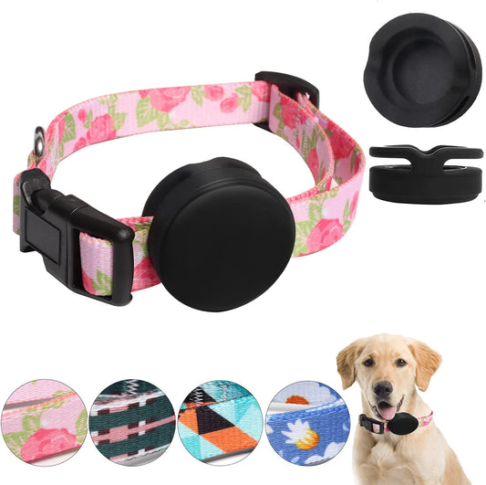 EXIEUSKJ Airtag Dog Collar, Item Finder Case for Apple Airtag 2021, Polyester Pet Cat Puppy Collar with Silicone Airtag Holder for Small, Medium, Large, Dogs,Pink Rose, M: 12.9''-21.6''Neck