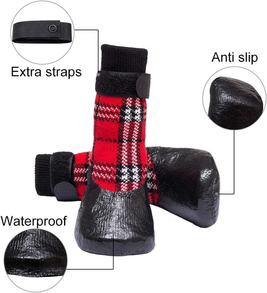 CHOLEGIFT Anti-Slip Plaid Dog Socks Shoes with Straps for Traction Control, Waterproof Pet Paw Shoes Boots Protector for Indoor Outdoor Wear for Medium to Large Dogs Animals & Pet Supplies > Pet Supplies > Dog Supplies > Dog Apparel CHOLEGIFT   