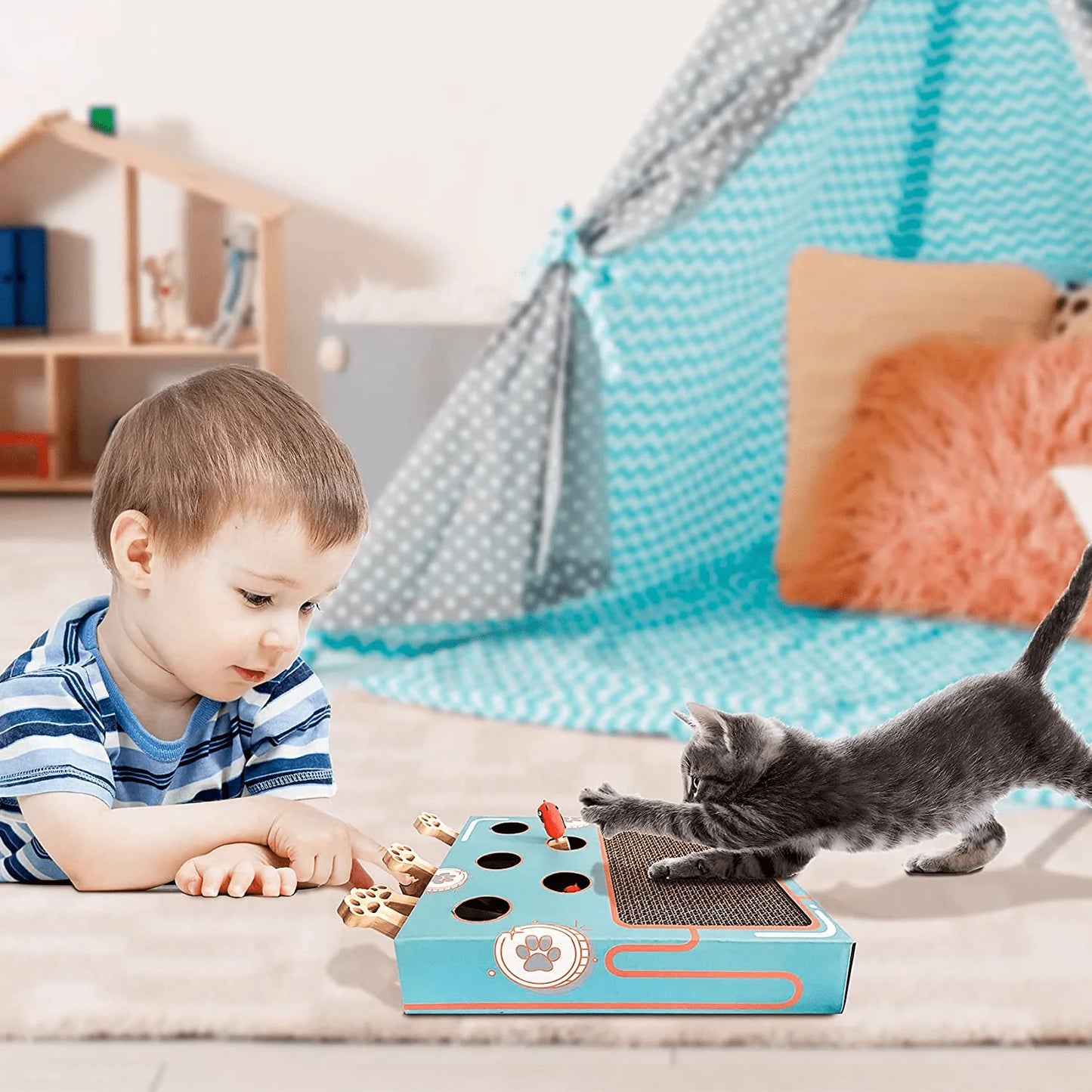 Corrugated Cat Scratcher, Cat Scratch Pad with Whack a Mole Game and Funny Cat Stick, Multi-Purpose Scratching Pad, Thickened Durable Cardboard Cat Scratcher for Furniture Protector Animals & Pet Supplies > Pet Supplies > Cat Supplies > Cat Furniture pombconw   