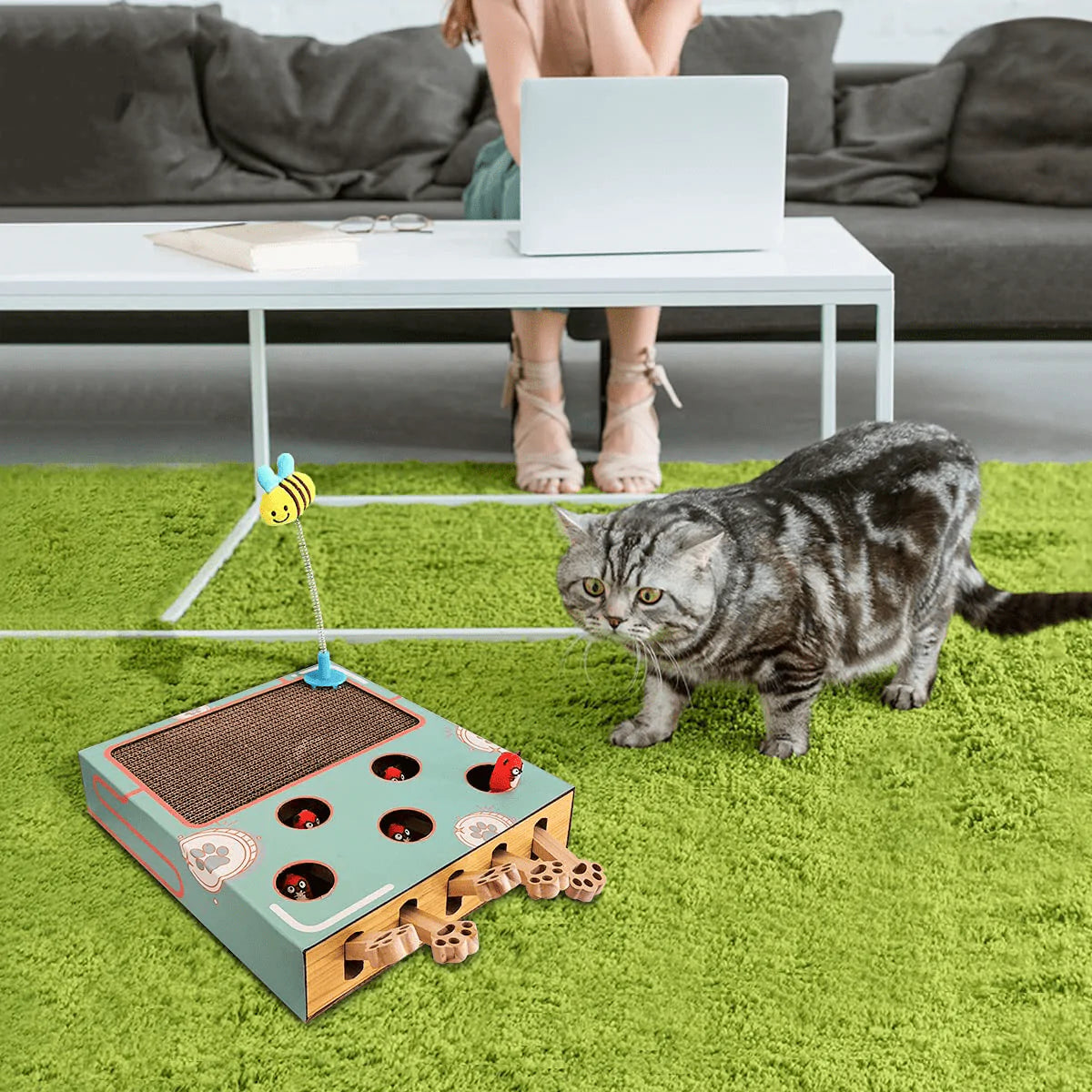 Corrugated Cat Scratcher, Cat Scratch Pad with Whack a Mole Game and Funny Cat Stick, Multi-Purpose Scratching Pad, Thickened Durable Cardboard Cat Scratcher for Furniture Protector