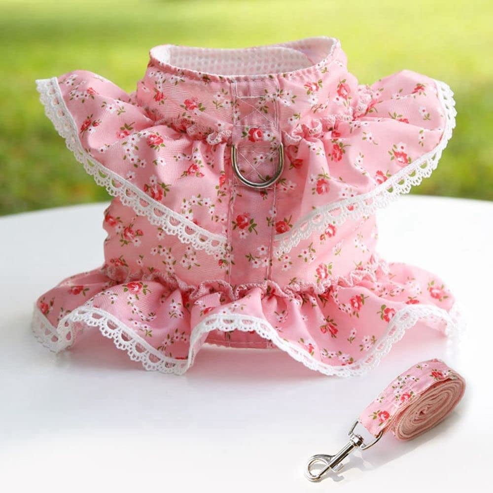 Cute Dog Harness with Leash, Bow Lace Fresh Rose Flower Pattern Pet Vest Harness, Soft Dog Chest Pet Costumes Supplies for Small Dog Cat(S,Rose Red) Animals & Pet Supplies > Pet Supplies > Dog Supplies > Dog Apparel generic rose red Medium 