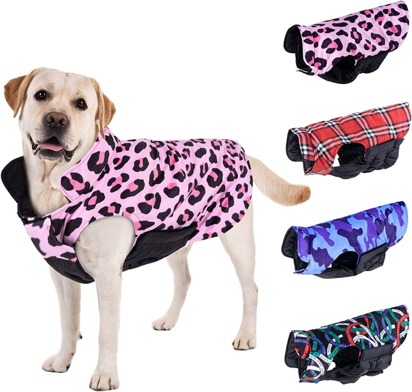 Cutebone Dog Winter Coat Puffer Jacket Windproof Dog Jacket Reversible Dog Vest Thick Padded Lining Pet Apparel for Small Medium Large Dogs with Leash Hole Animals & Pet Supplies > Pet Supplies > Dog Supplies > Dog Apparel CuteBone 2-Pink Leopard Medium 