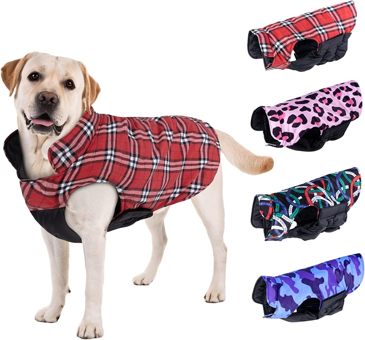 Cutebone Dog Winter Coat Puffer Jacket Windproof Dog Jacket Reversible Dog Vest Thick Padded Lining Pet Apparel for Small Medium Large Dogs with Leash Hole Animals & Pet Supplies > Pet Supplies > Dog Supplies > Dog Apparel CuteBone 1-Red Plaid Medium 