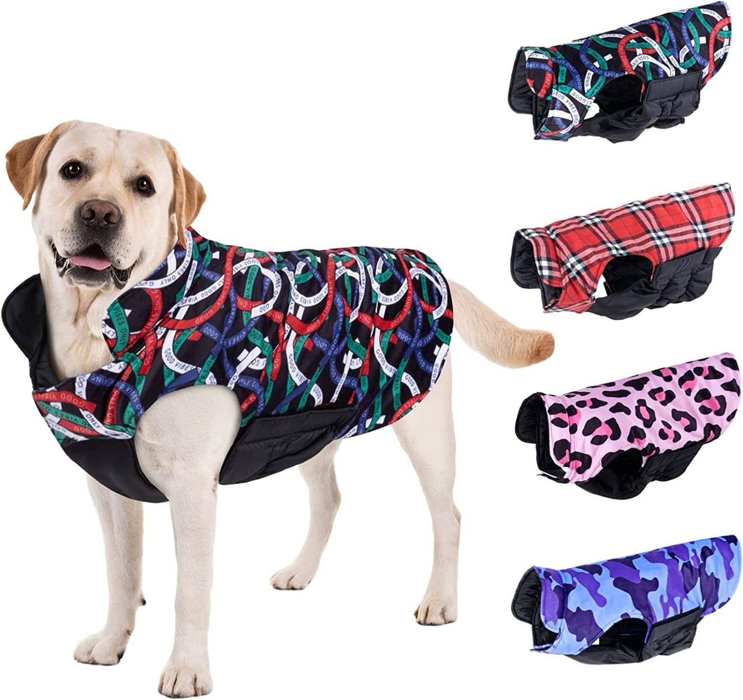 Cutebone Dog Winter Coat Puffer Jacket Windproof Dog Jacket Reversible Dog Vest Thick Padded Lining Pet Apparel for Small Medium Large Dogs with Leash Hole Animals & Pet Supplies > Pet Supplies > Dog Supplies > Dog Apparel CuteBone 2-Good Vibes Medium 