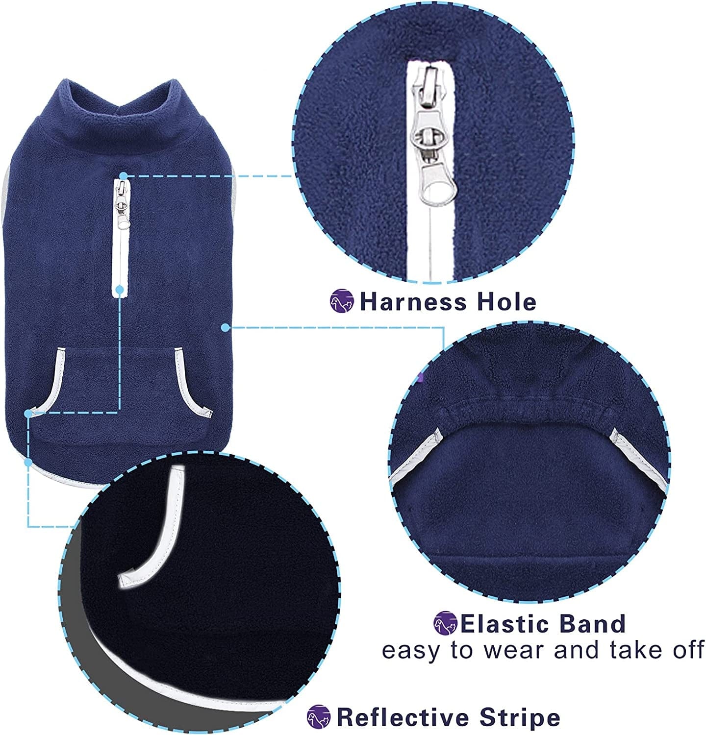 Cyeollo Fleece Dog Sweater Sweatshirt Pullover Dog Vest Soft Fleece with Reflective Strip Dog Jacket with Zip Harness Hole Winter Dog Clothes for Small Medium Dogs Boy Animals & Pet Supplies > Pet Supplies > Dog Supplies > Dog Apparel cyeollo   