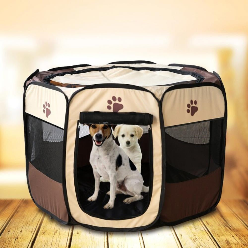 Portable Collapsible Pet Tent Dog House Octagonal Outdoor Breathable Tent Kennel Fence for Dogs Cat Brown S