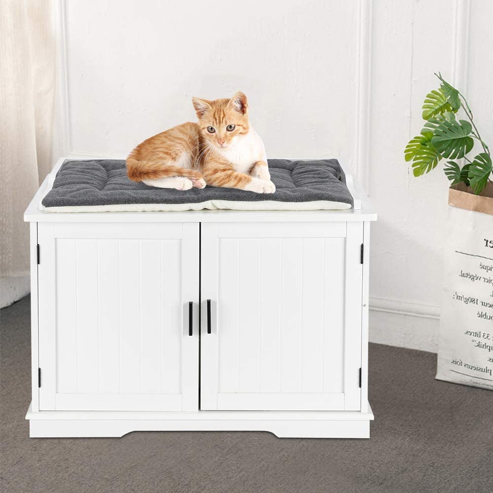 Easingroom Double-Door Wooden Cat Litter Box Enclosure Cabinet, Indoor Hidden Pet Crate Cat House Bench Furniture, White Animals & Pet Supplies > Pet Supplies > Cat Supplies > Cat Furniture KOL PET   