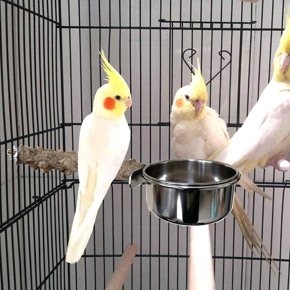 AOOOWER Parrot Bird Cage Perch Natural Wooden Stand Stick with Stainless Steel Food Dishes Bowl Feeder Cup for Parakeet