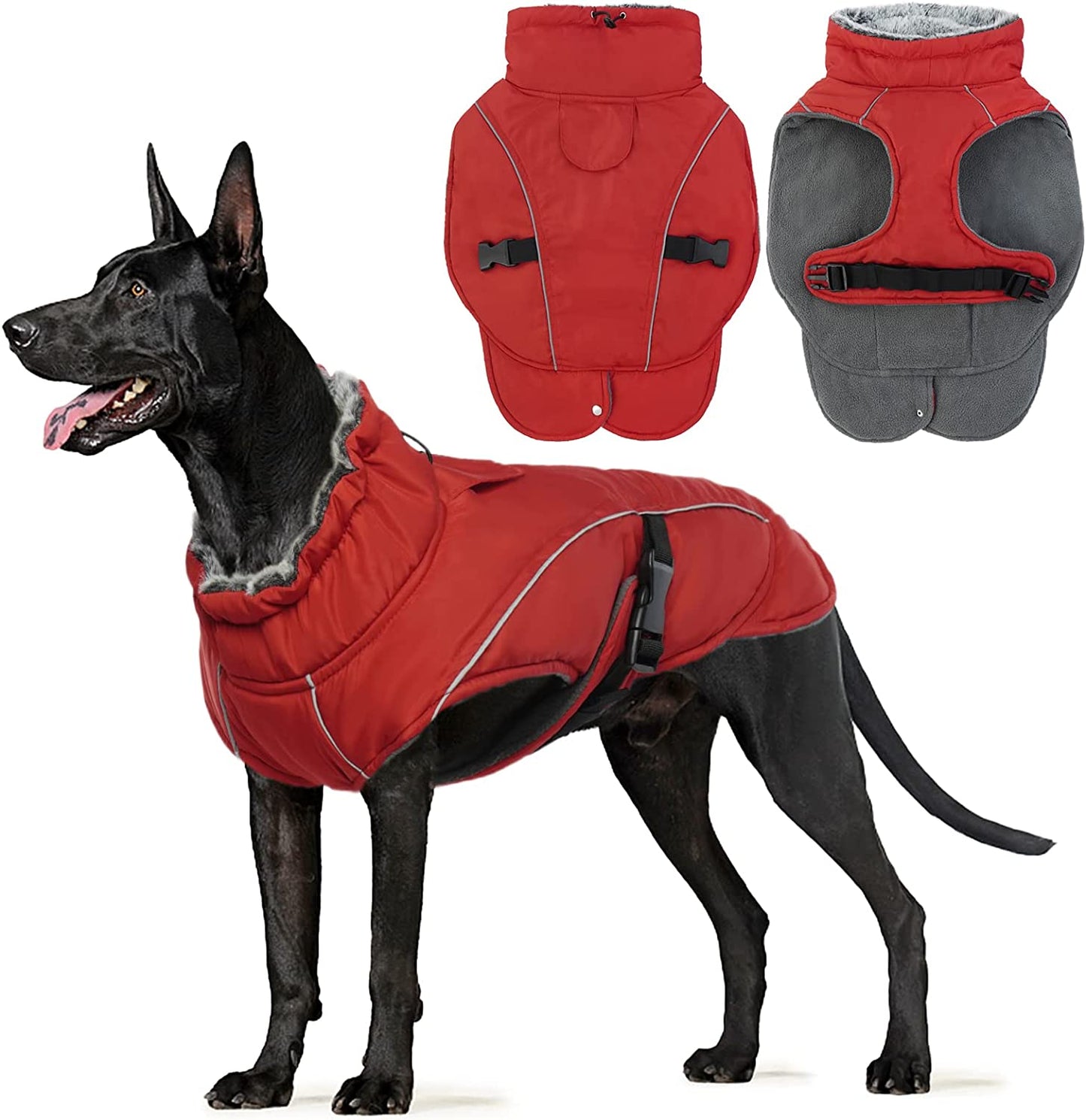 FUAMEY Dog Cold Weather Jacket,Dog Winter Coat with Fur Collar Pet Windproof Warm Vest Doggie Reflective Apparel Small Medium Large Paded Dog Clothes with Leash Hole Thick Dog Fleece Outdoor Coats Animals & Pet Supplies > Pet Supplies > Dog Supplies > Dog Apparel FUAMEY red XXX-Large(chest:35-43in） 