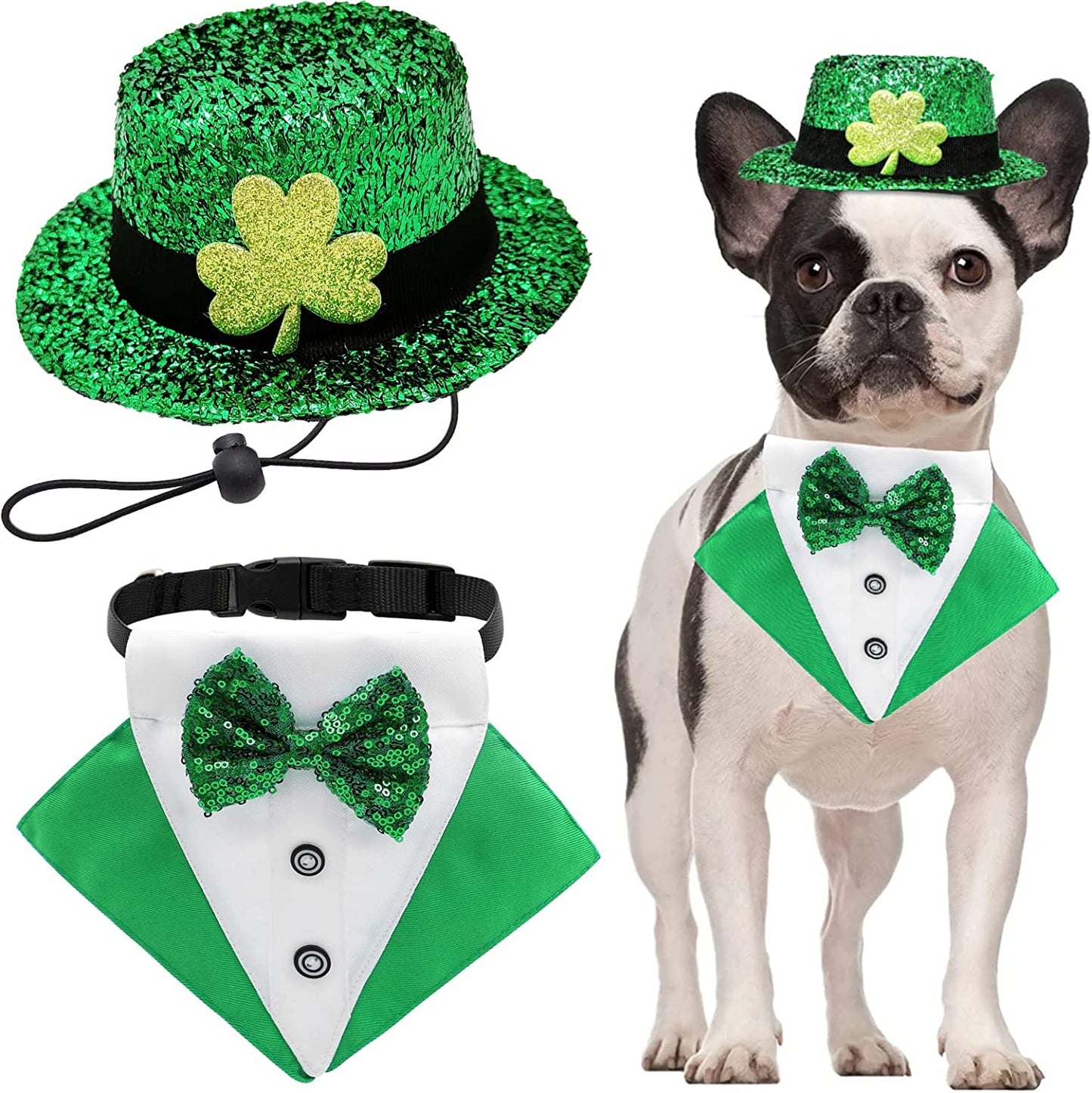 2 Pack St. Patrick'S Day Costume Dog Bandana Collar and Pet Top Hat Green Dog Bow Tie Formal Tux Clothes with D-Ring Irish Tuxedo St Patrick Costume for Dogs Puppy Cat Party Dress-Up Animals & Pet Supplies > Pet Supplies > Dog Supplies > Dog Apparel CAISANG   