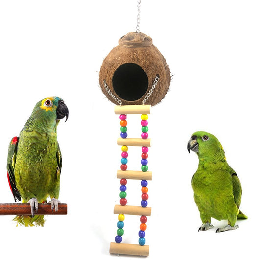 Pet Enjoy Hanging Coconut Bird Nest Hut with Ladder,Coconut Hide Bird Swing Toys for Hamster,Bird Cage Accessories,Small Animals House Pet Cage Habitats Decor