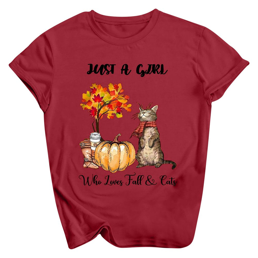 It'S Fall Y'All Women Tops Short Sleeve Pumpkin Graphic Tees Shirts 2022 round Neck Cute T-Shirt Animals & Pet Supplies > Pet Supplies > Cat Supplies > Cat Apparel BRKEWI Wine L 