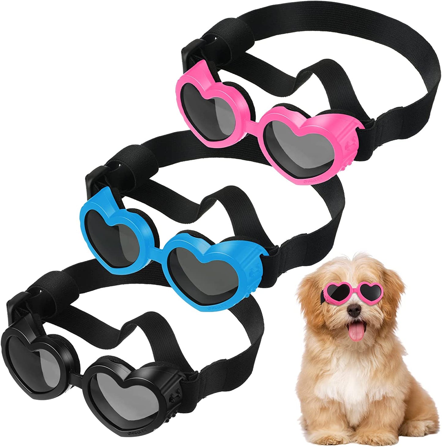 Nezyo Dog Goggles Heart Shape Dog Sunglasses Puppy UV Protection Goggles Small Breed Doggie Windproof Glasses with Adjustable Strap Medium Pets 3 Pairs (Black, Blue, Pink) Animals & Pet Supplies > Pet Supplies > Dog Supplies > Dog Apparel Nezyo Blue  