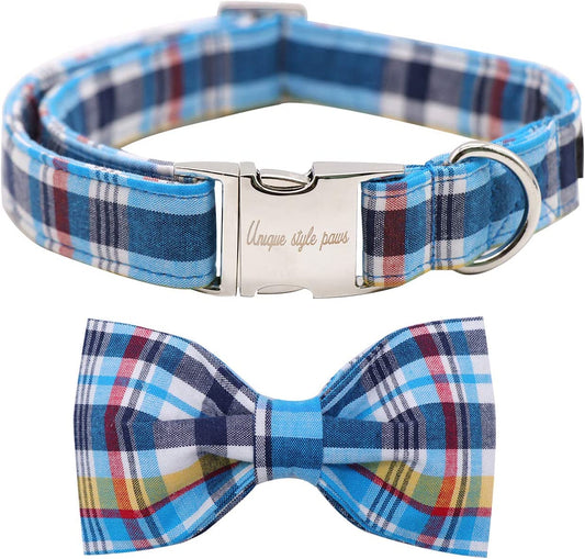 Unique Style Paws Plaid Dog Collar with Bow Pet Gift Adjustable Soft and Comfy Bowtie Collars for Small Medium Large Dogs Animals & Pet Supplies > Pet Supplies > Dog Supplies > Dog Apparel Unique style paws Blue Plaid X-Large (Pack of 1) 