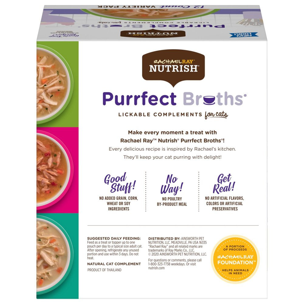 Rachael Ray Nutrish Purrfect Broths Grain Free Variety Pack, All Natural Complement for Cats, 1.4 Oz Pouches, 12-Count Animals & Pet Supplies > Pet Supplies > Cat Supplies > Cat Treats The J.M. Smucker Company   