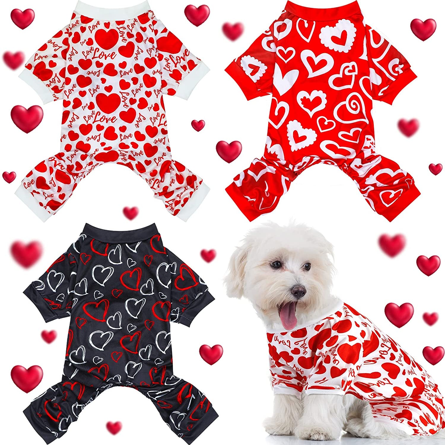 3 Pieces Valentines Day Pajamas Dog Onesies Dog Jumpsuits Dog Birthday Costume Heart Pattern Dog Clothes Dog Cartoon Apparel for Pet Puppy Dog Cat(S(Fit 3.3-5.5Lbs)) Animals & Pet Supplies > Pet Supplies > Dog Supplies > Dog Apparel Weewooday XL(fit 9.9-12.2lbs)  