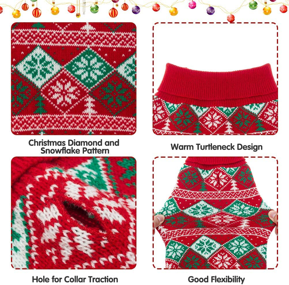 PAWCHIE Dog Sweater - Warm and Soft Winter Knitted Turtleneck Red New Year Rhombus and Snowflake Patterns Cold Weather Dog Coat, Holiday Pet Sweaters for Small Medium Large Dogs Animals & Pet Supplies > Pet Supplies > Dog Supplies > Dog Apparel PAWCHIE   