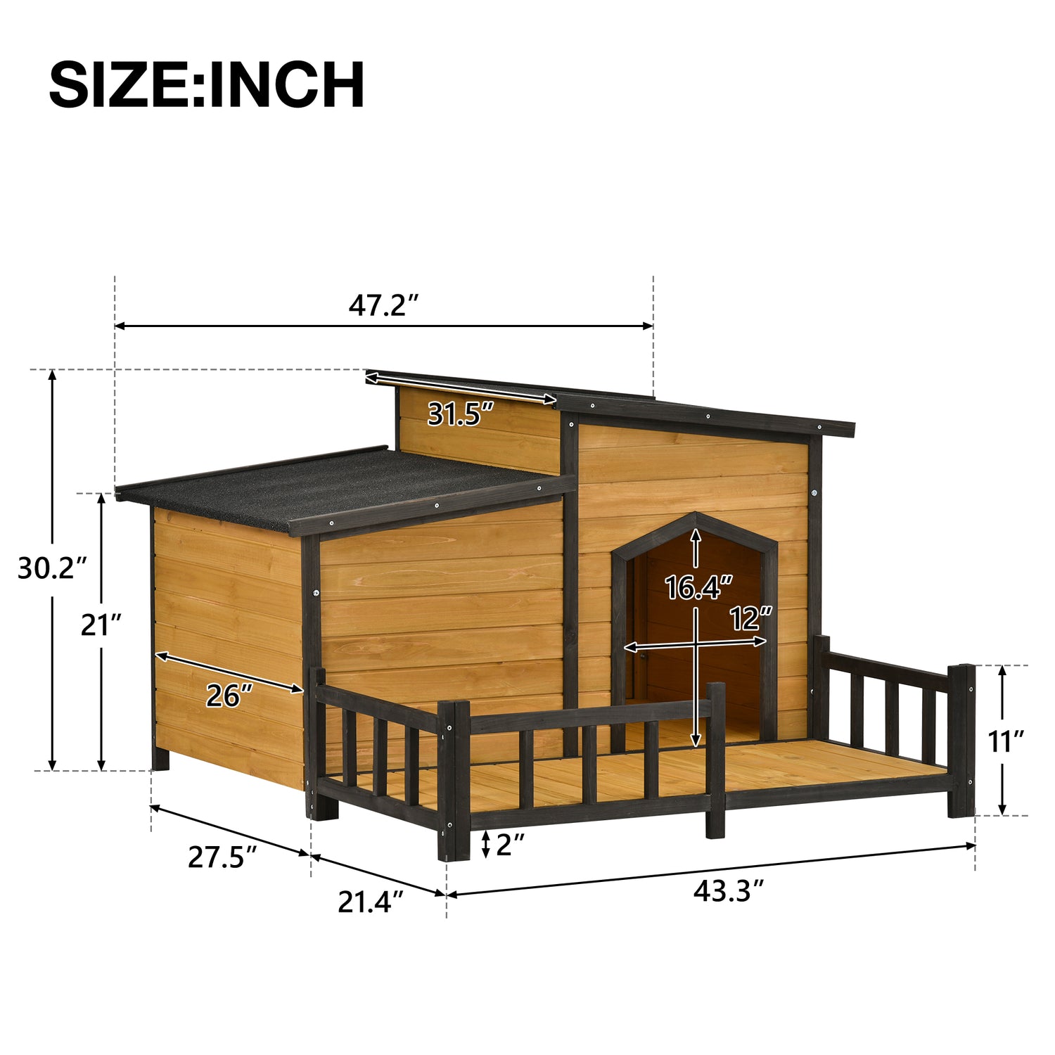 CHURANTY 47.2 Inch Large Wooden Pet Outdoor Wooden Dog House with Porch,Dog Kennel Cabin Style Outdoor & Indoor Dog Crate