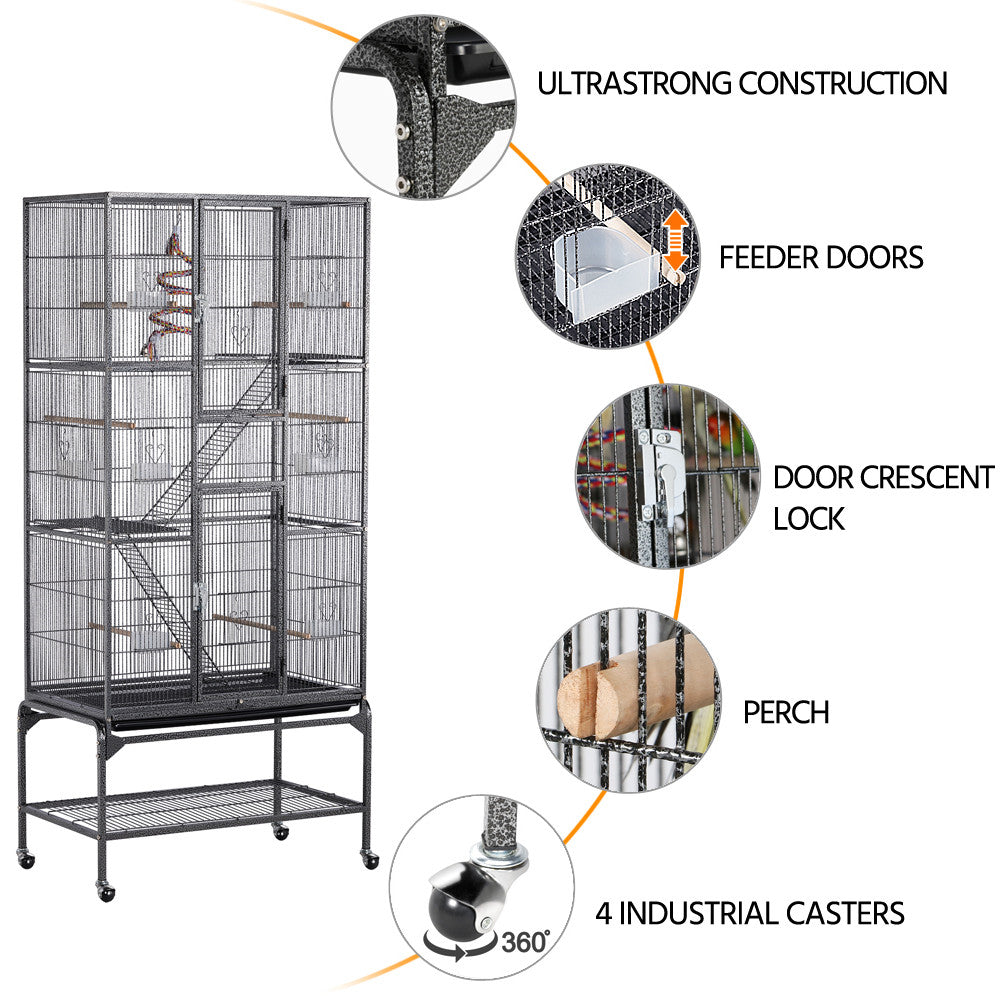 Topeakmart 69''H Mobile Extra Large Bird Cage Parrot Cage Rolling Metal Pet Cage with Detachable Stand, Black Animals & Pet Supplies > Pet Supplies > Bird Supplies > Bird Cages & Stands Topeakmart   