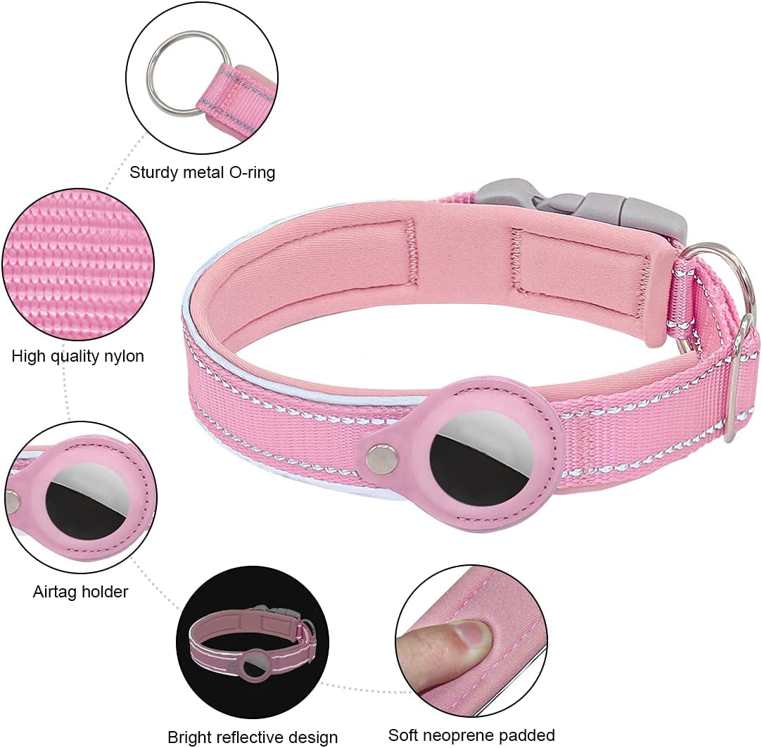 DERLOW Dog Collar with Airtag Case, Reflective Soft Neoprene Padded Breathable Nylon Pet Collar, Adjustable Airtag Dog Collar Holder for Small Medium Large Dogs, Pink M Electronics > GPS Accessories > GPS Cases DERLOW   