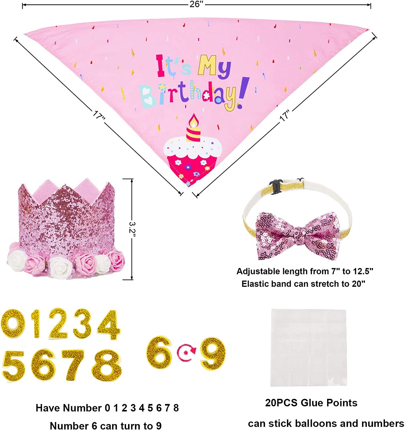 PTDECOR Dog Birthday Bandana Hat Set, Birthday Girl Dog Hat Scarf Bow Tie Happy Birthday Banner Balloon Dog First Birthday Party Supplies Decorations (Pink) Animals & Pet Supplies > Pet Supplies > Dog Supplies > Dog Apparel PTDECOR   