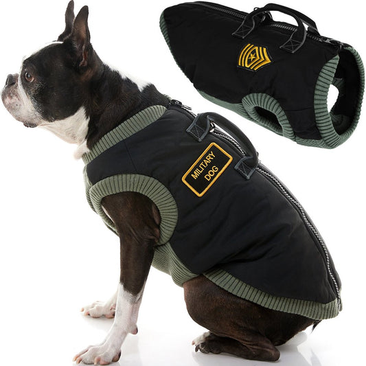 Gooby Military Dog Vest - Black, Medium - Dog Jacket Coat with Lift Handle and D Ring Leash - Zipper Closure and Stretch Chest Small Dog Sweater- Dog Clothes for Small Dogs for Indoor and Outdoor Use Animals & Pet Supplies > Pet Supplies > Dog Supplies > Dog Apparel Gooby X-Large Chest (~20.5") Black 
